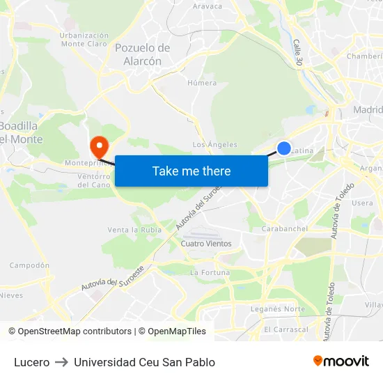 Lucero to Universidad Ceu San Pablo map