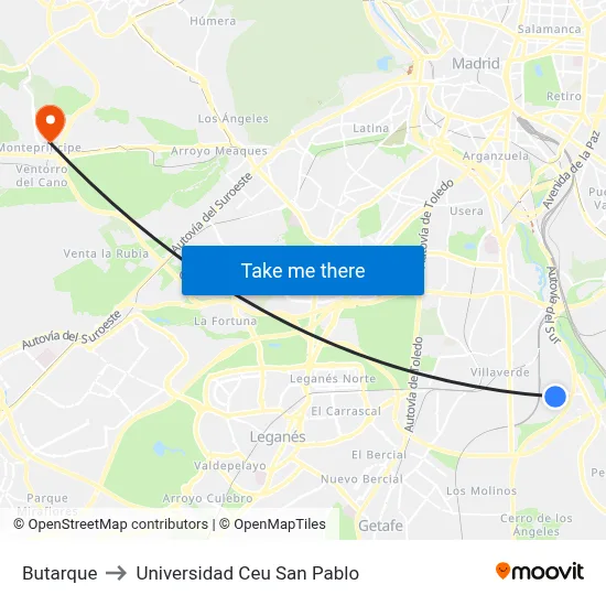 Butarque to Universidad Ceu San Pablo map