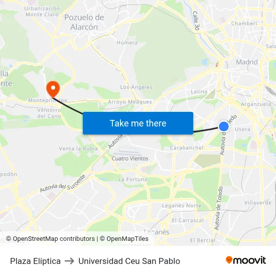 Plaza Elíptica to Universidad Ceu San Pablo map
