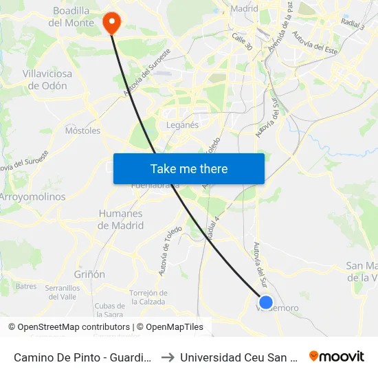 Camino De Pinto - Guardia Civil to Universidad Ceu San Pablo map