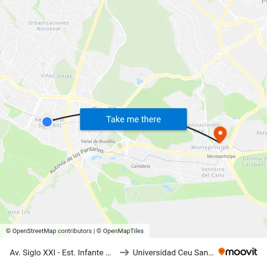 Av. Siglo XXI - Est. Infante Don Luis to Universidad Ceu San Pablo map