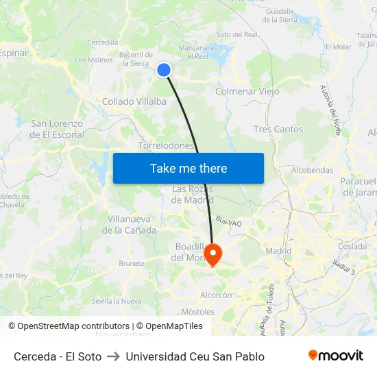 Cerceda - El Soto to Universidad Ceu San Pablo map