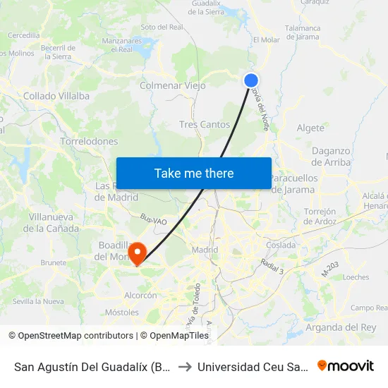San Agustín Del Guadalíx (Búho Real) to Universidad Ceu San Pablo map