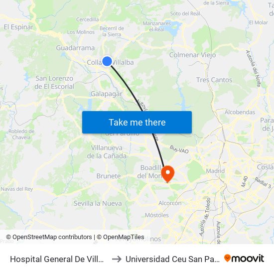 Hospital General De Villalba to Universidad Ceu San Pablo map