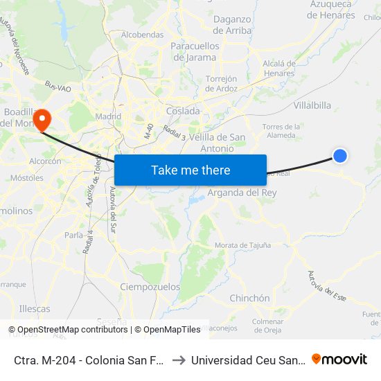 Ctra. M-204 - Colonia San Francisco to Universidad Ceu San Pablo map