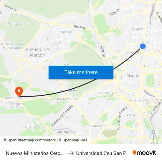 Nuevos Ministerios Cercanías to Universidad Ceu San Pablo map