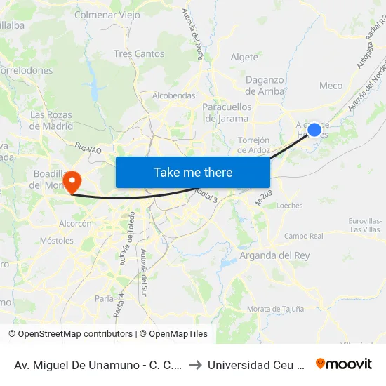 Av. Miguel De Unamuno - C. C. Alcalá Magna to Universidad Ceu San Pablo map