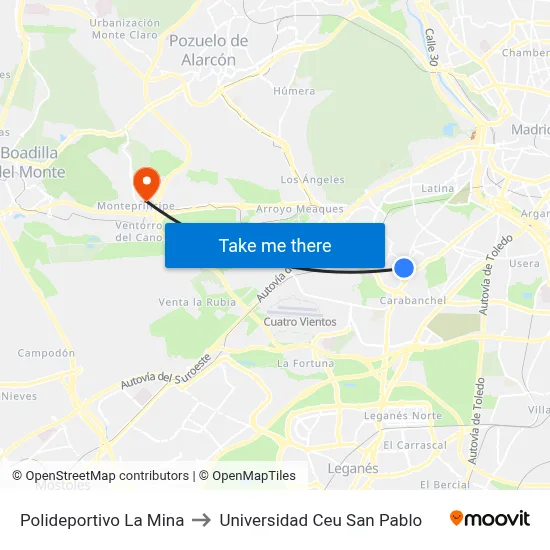 Polideportivo La Mina to Universidad Ceu San Pablo map
