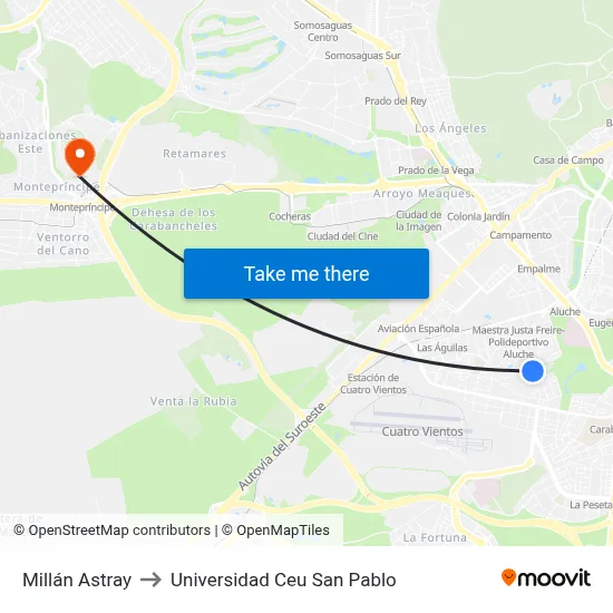 Millán Astray to Universidad Ceu San Pablo map