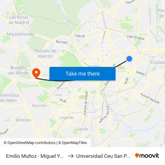 Emilio Muñoz - Miguel Yuste to Universidad Ceu San Pablo map