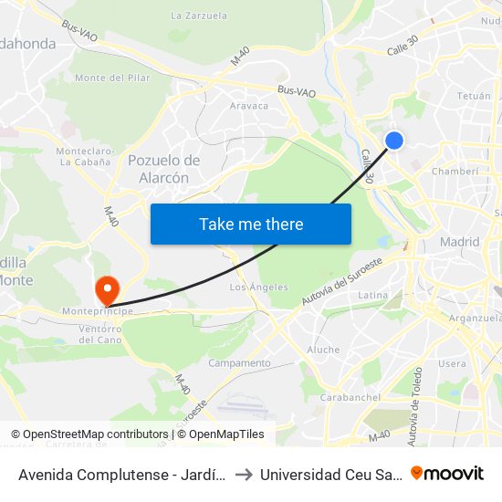 Avenida Complutense - Jardín Botánico to Universidad Ceu San Pablo map