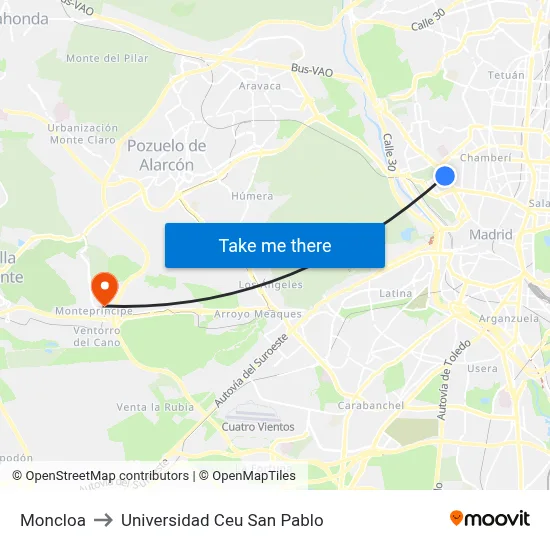 Moncloa to Universidad Ceu San Pablo map