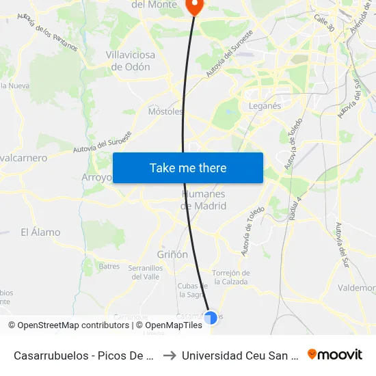 Casarrubuelos - Picos De Urbión to Universidad Ceu San Pablo map