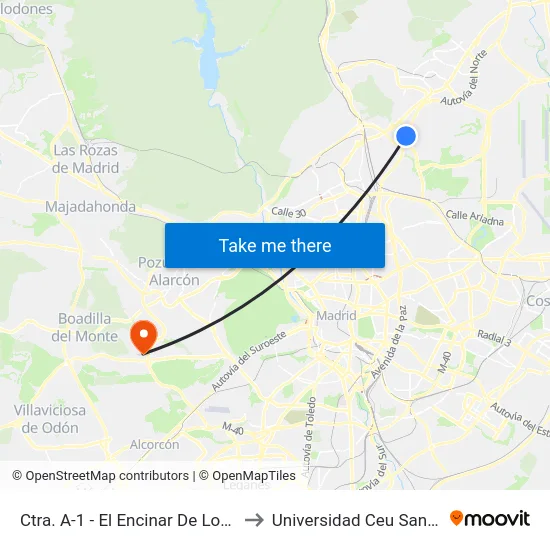 Ctra. A-1 - El Encinar De Los Reyes to Universidad Ceu San Pablo map