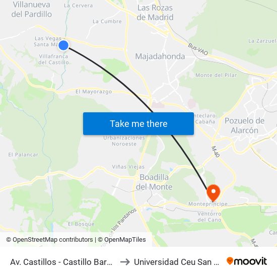Av. Castillos - Castillo Barcience to Universidad Ceu San Pablo map