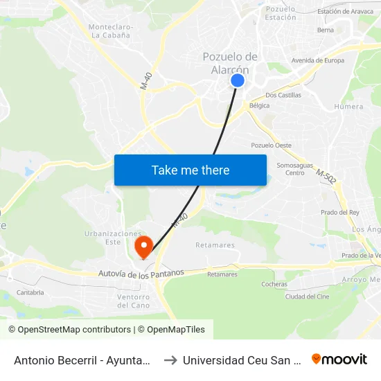 Antonio Becerril - Ayuntamiento to Universidad Ceu San Pablo map