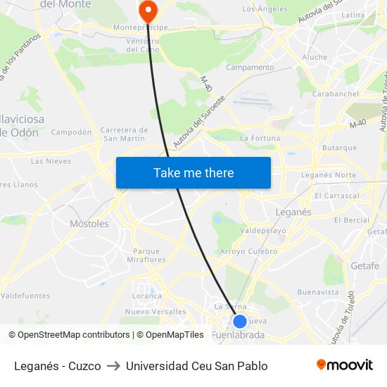 Leganés - Cuzco to Universidad Ceu San Pablo map