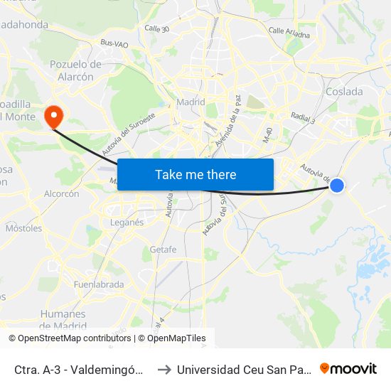 Ctra. A-3 - Valdemingómez to Universidad Ceu San Pablo map