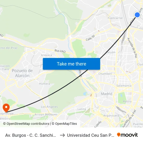 Av. Burgos - C. C. Sanchinarro to Universidad Ceu San Pablo map