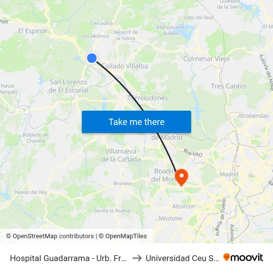 Hospital Guadarrama - Urb. Fresnos Jarosa to Universidad Ceu San Pablo map