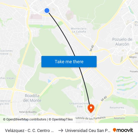 Velázquez - C. C. Centro Oeste to Universidad Ceu San Pablo map