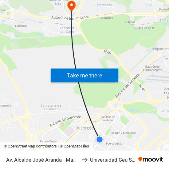 Av. Alcalde José Aranda - Maestro Victoria to Universidad Ceu San Pablo map