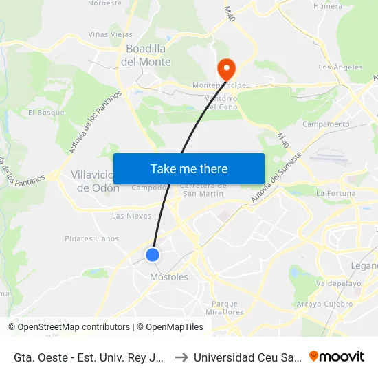 Gta. Oeste - Est. Univ. Rey Juan Carlos to Universidad Ceu San Pablo map