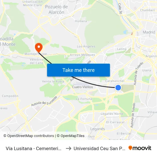 Vía Lusitana - Cementerio Sur to Universidad Ceu San Pablo map