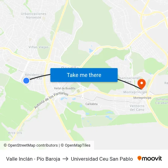 Valle Inclán - Pío Baroja to Universidad Ceu San Pablo map