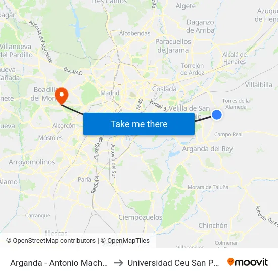 Arganda - Antonio Machado to Universidad Ceu San Pablo map
