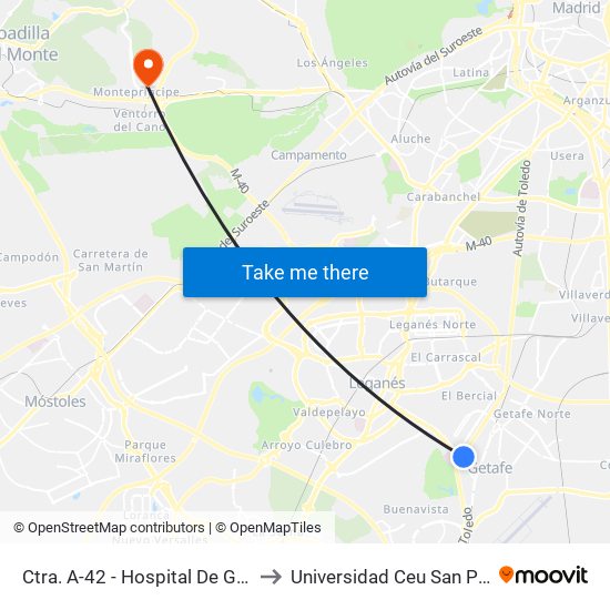 Ctra. A-42 - Hospital De Getafe to Universidad Ceu San Pablo map