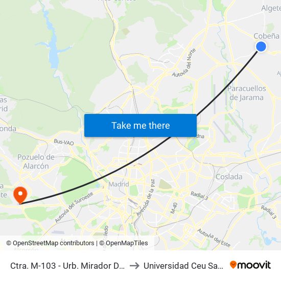 Ctra. M-103 - Urb. Mirador De Cobeña to Universidad Ceu San Pablo map