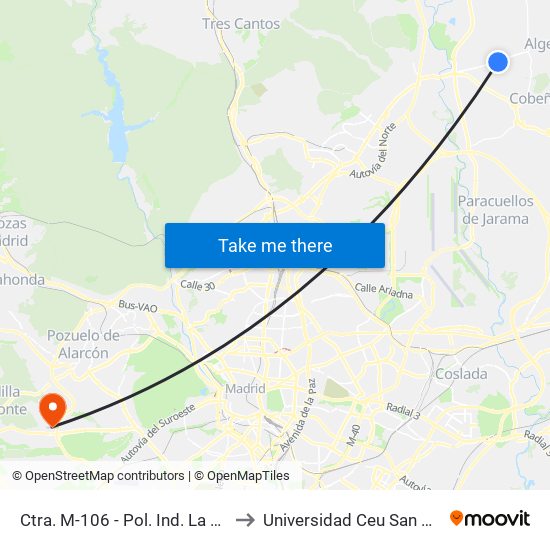 Ctra. M-106 - Pol. Ind. La Garza to Universidad Ceu San Pablo map