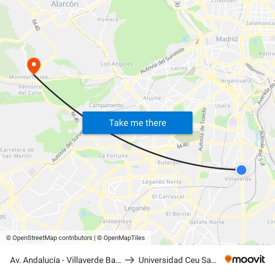 Av. Andalucía - Villaverde Bajo Cruce to Universidad Ceu San Pablo map
