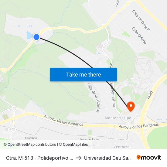 Ctra. M-513 - Polideportivo Piscinas to Universidad Ceu San Pablo map