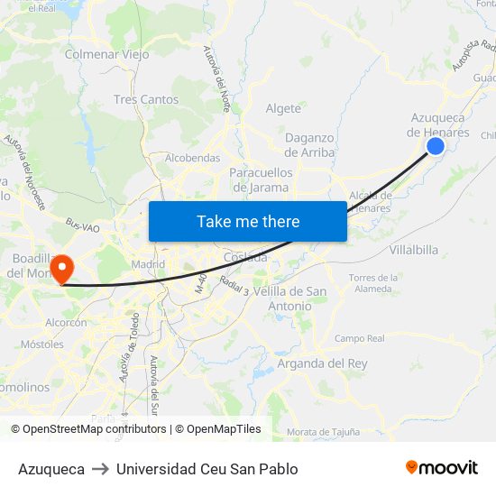 Azuqueca to Universidad Ceu San Pablo map
