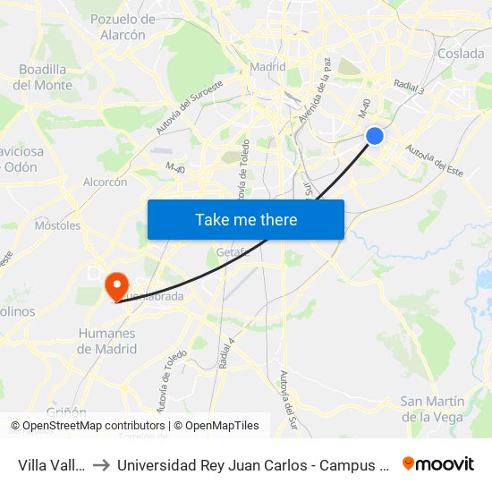 Villa Vallecas to Universidad Rey Juan Carlos - Campus De Fuenlabrada map