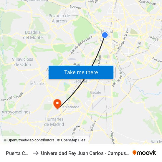 Puerta Cerrada to Universidad Rey Juan Carlos - Campus De Fuenlabrada map