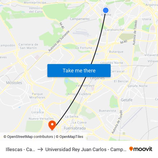 Illescas - Camarena to Universidad Rey Juan Carlos - Campus De Fuenlabrada map