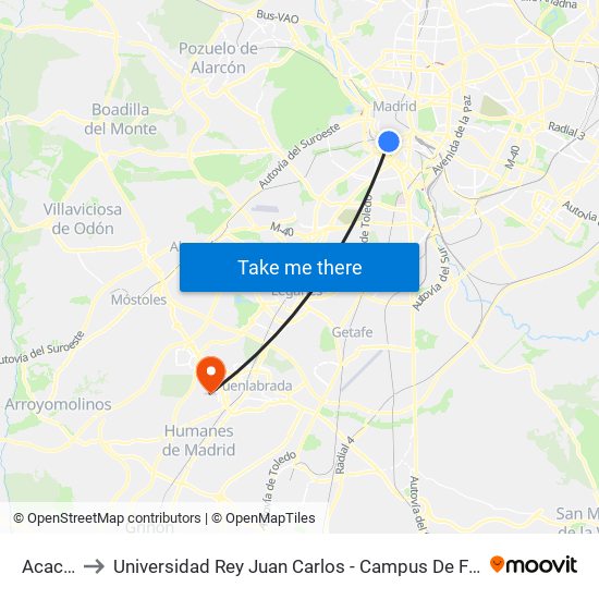 Acacias to Universidad Rey Juan Carlos - Campus De Fuenlabrada map