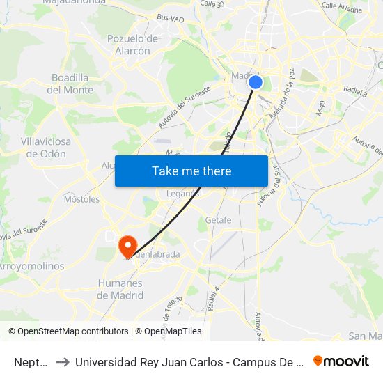 Neptuno to Universidad Rey Juan Carlos - Campus De Fuenlabrada map