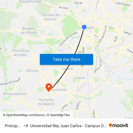 Príncipe Pío to Universidad Rey Juan Carlos - Campus De Fuenlabrada map