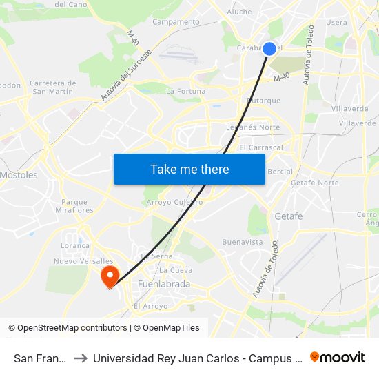 San Francisco to Universidad Rey Juan Carlos - Campus De Fuenlabrada map