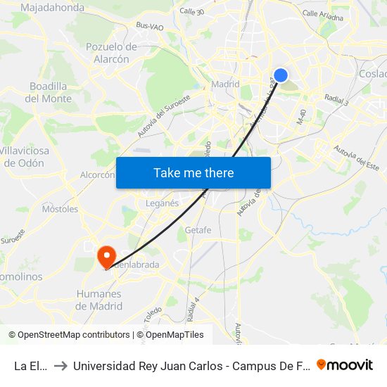 La Elipa to Universidad Rey Juan Carlos - Campus De Fuenlabrada map