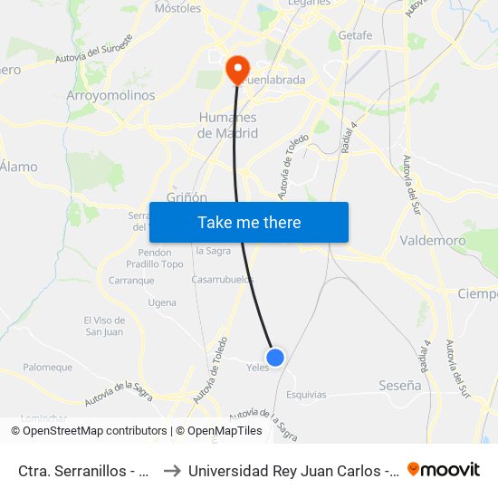 Ctra. Serranillos - Estación De Yeles to Universidad Rey Juan Carlos - Campus De Fuenlabrada map