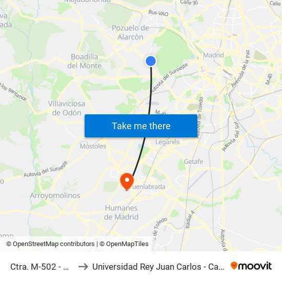 Ctra. M-502 - Vista Alegre to Universidad Rey Juan Carlos - Campus De Fuenlabrada map
