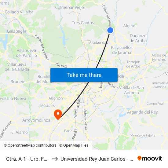 Ctra. A-1 - Urb. Fuente El Fresno to Universidad Rey Juan Carlos - Campus De Fuenlabrada map