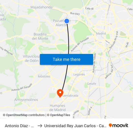 Antonio Díaz - Est. Pozuelo to Universidad Rey Juan Carlos - Campus De Fuenlabrada map