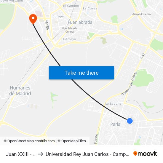 Juan XXIII - Pío XII to Universidad Rey Juan Carlos - Campus De Fuenlabrada map