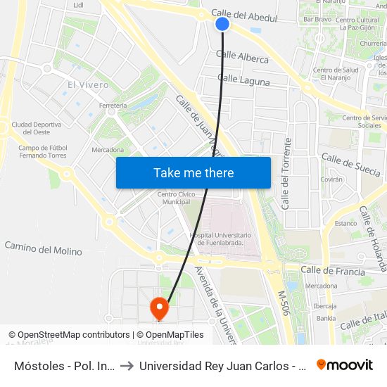 Móstoles - Pol. Ind. Restaurante to Universidad Rey Juan Carlos - Campus De Fuenlabrada map